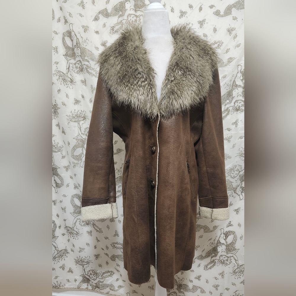 Guess Brown Penny Lane faux fur Trim Beth Dutton vibes trench coat xl